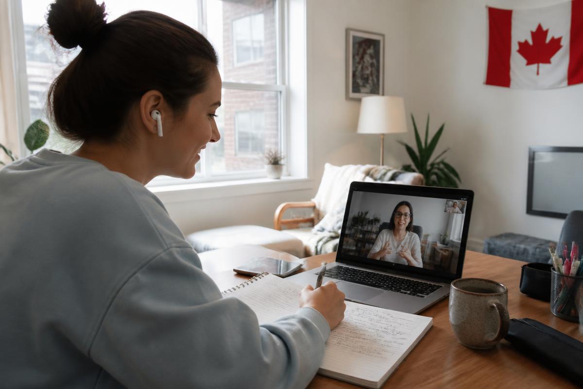 An adult student following a live online French class on a laptop at home