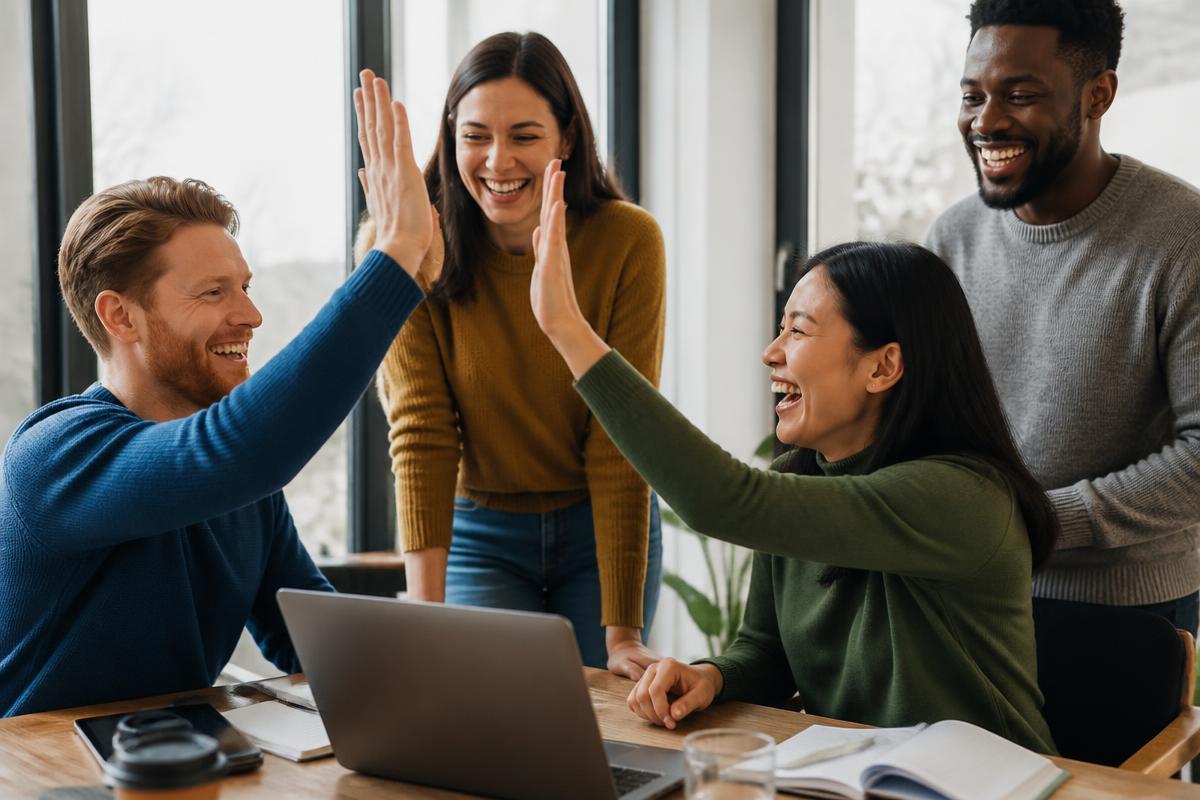 Adult students celebrating their exam results together around a laptop