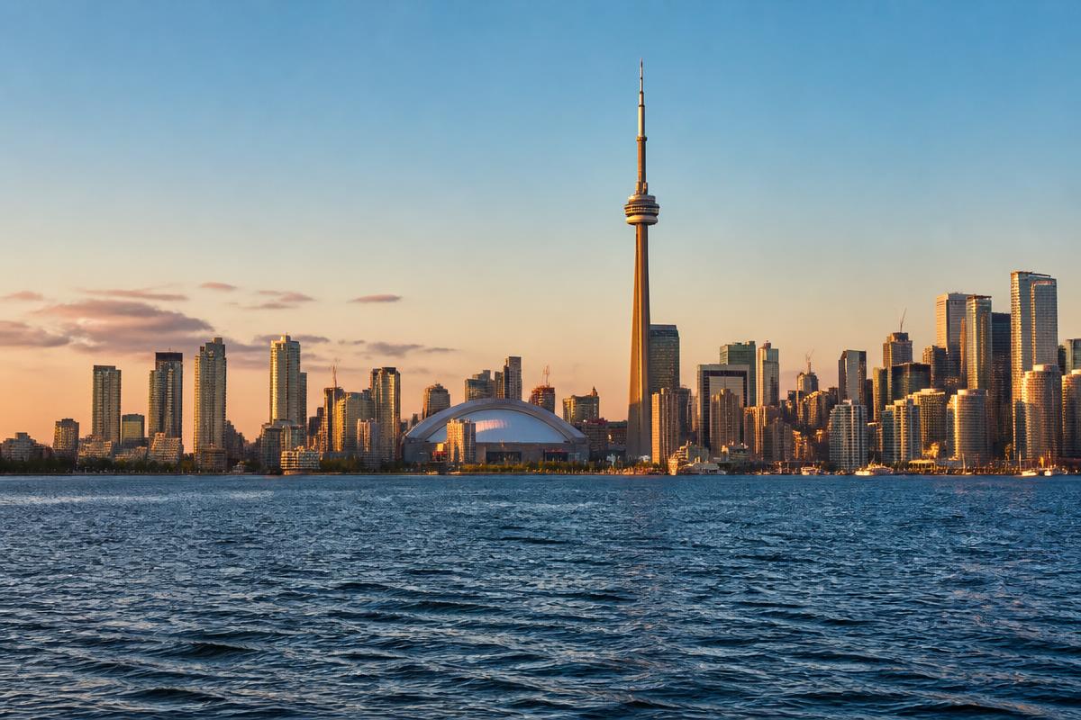 The Toronto skyline and CN Tower at golden hour across Lake Ontario
